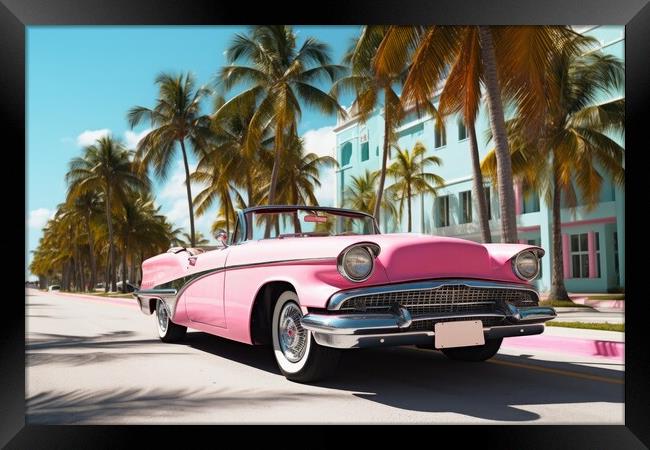 Pink convertible from the 70s in an avenue of palm trees. Framed Print by Michael Piepgras