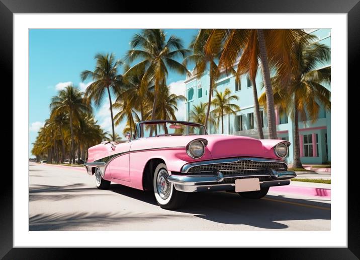 Pink convertible from the 70s in an avenue of palm trees. Framed Mounted Print by Michael Piepgras