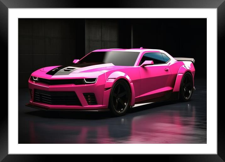 Powerful futuristic muscle car in pink color. Framed Mounted Print by Michael Piepgras