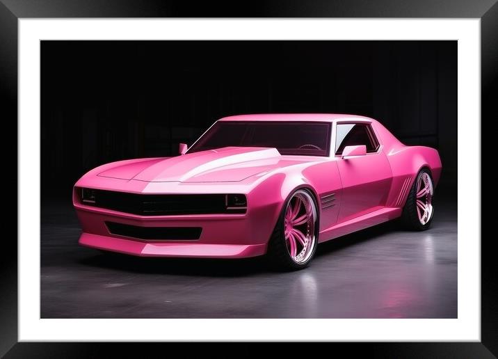Powerful futuristic muscle car in pink color. Framed Mounted Print by Michael Piepgras