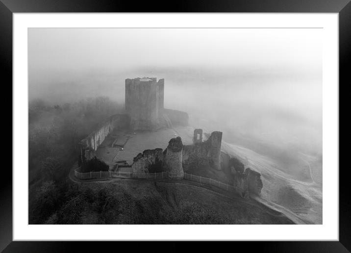 Conisbrough Castle Fog Black and White Framed Mounted Print by Apollo Aerial Photography