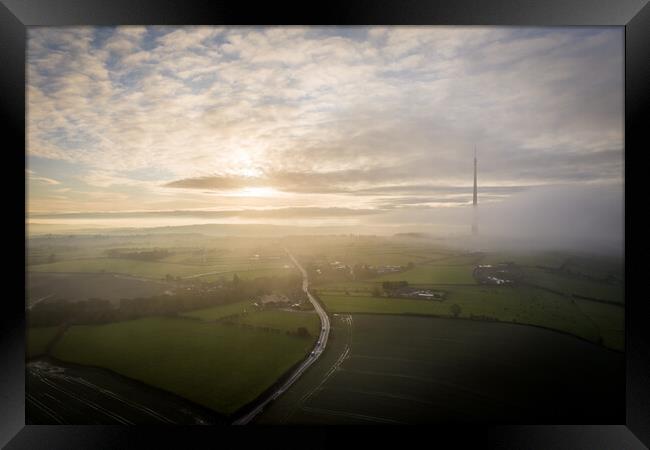 Emley Moor TV Mast Mist Framed Print by Apollo Aerial Photography
