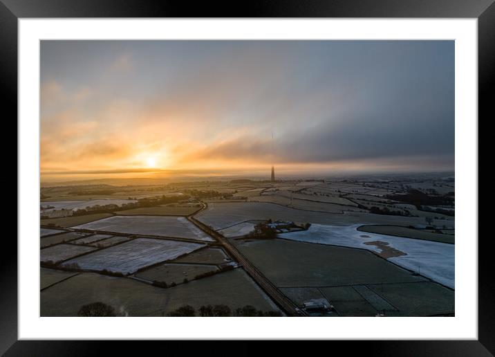 Emley Moor Misty Sunrise Framed Mounted Print by Apollo Aerial Photography
