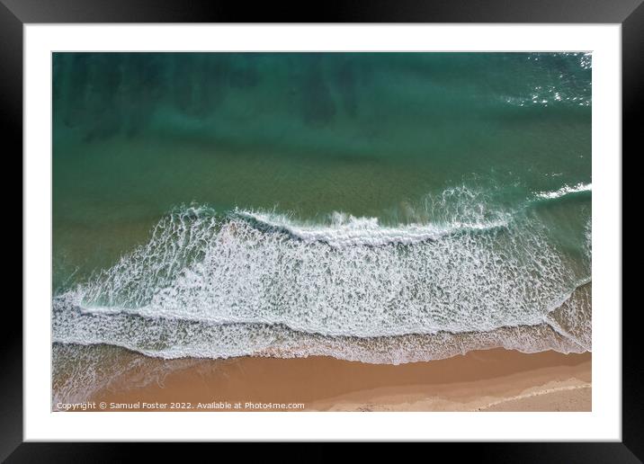 Beach and waves from top view. Turquoise water background Framed Mounted Print by Samuel Foster