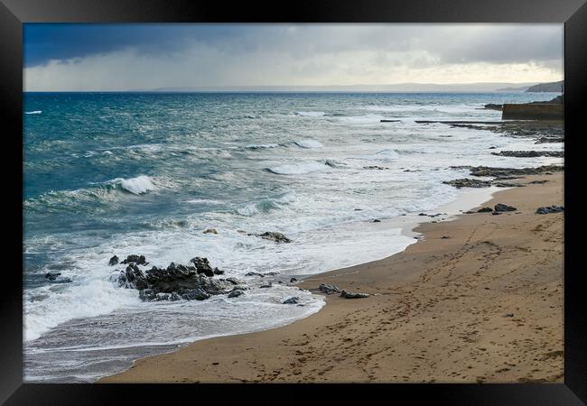 Sea Swash Around Rocks on Porthleven Beach Framed Print by Adrian Burgess