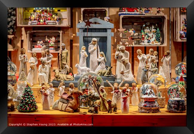Cologne Christmas Market - Festive Scenes with Religious Figurines and Snow Globes Framed Print by Stephen Young