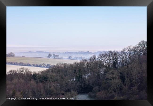 Watership Down Morning Mist Framed Print by Stephen Young