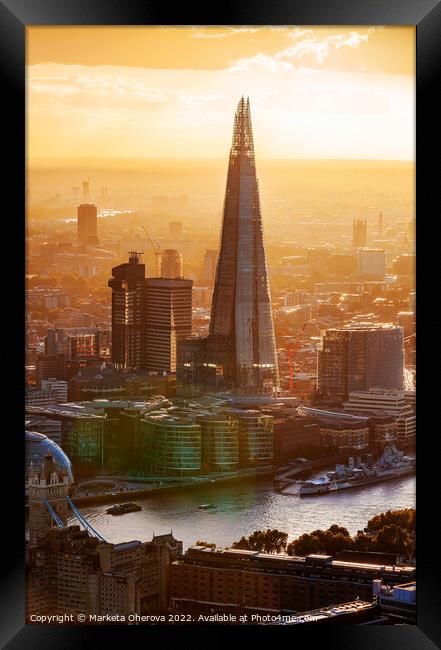Aerial London view of the Shard skyscraper sunset   Framed Print by Spotmatik 