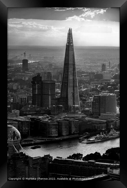 Aerial London view of the Shard skyscraper sunset   Framed Print by Spotmatik 