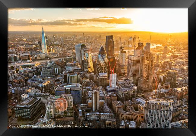 Aerial London at sunset city skyscrapers financial district  Framed Print by Spotmatik 