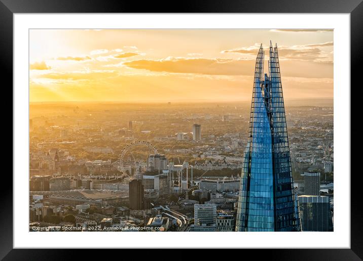 Aerial sunset over The Shard London and river Thames Framed Mounted Print by Spotmatik 