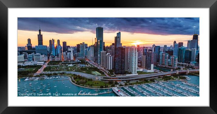 Aerial sunset storm Chicago Waterfront Millennium Park USA Framed Mounted Print by Spotmatik 