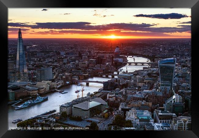 Aerial sunset view London city Financial district UK Framed Print by Spotmatik 