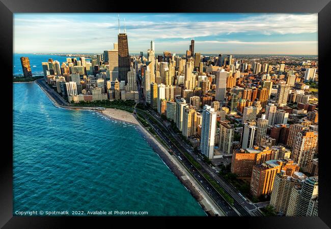 Aerial Chicago skyscrapers Oak Street Beach Lake Michigan  Framed Print by Spotmatik 