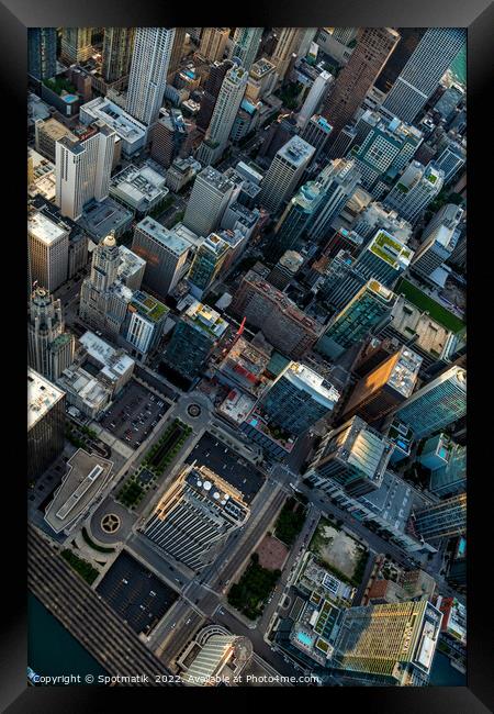 Aerial Chicago rooftop view City front Plaza skyscrapers Framed Print by Spotmatik 