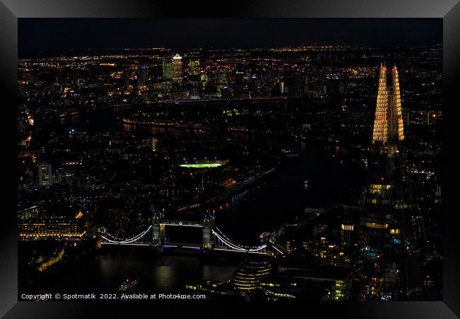Aerial illuminated London Tower Bridge river Thames travel Framed Print by Spotmatik 