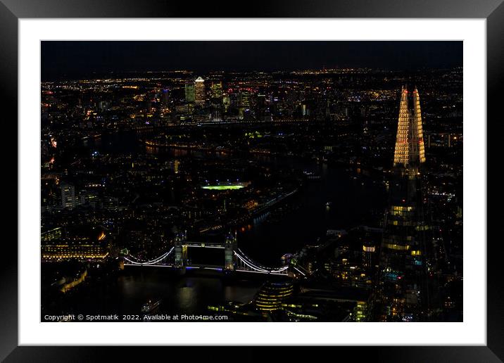 Aerial illuminated London Tower Bridge river Thames travel Framed Mounted Print by Spotmatik 
