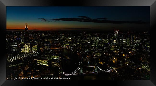 Panoramic Aerial illuminated London view of Tower Bridge England Framed Print by Spotmatik 