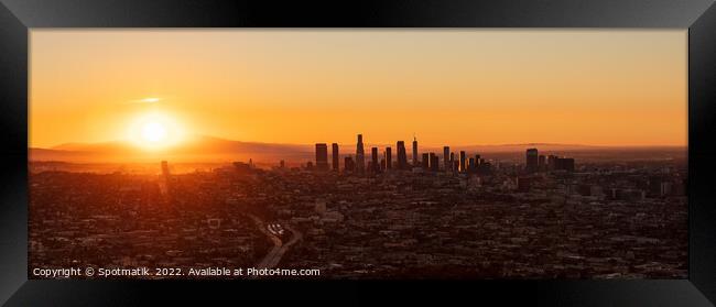 Aerial Panorama the sun rising Los Angeles California Framed Print by Spotmatik 
