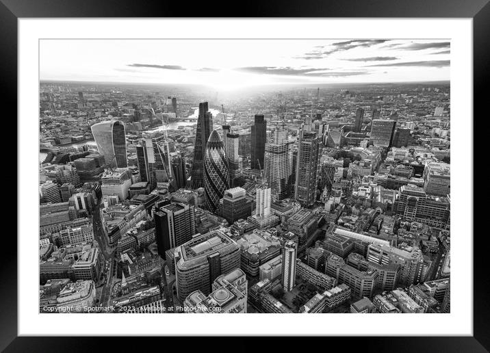 Aerial London sunset financial district city skyscrapers UK Framed Mounted Print by Spotmatik 