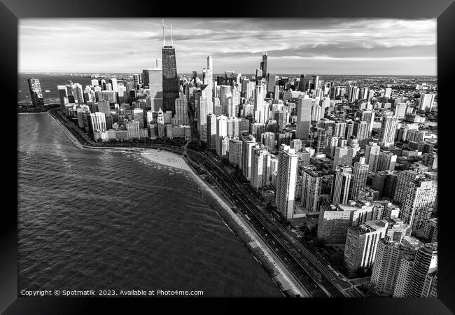 Aerial Chicago skyscrapers  Lake Michigan Framed Print by Spotmatik 