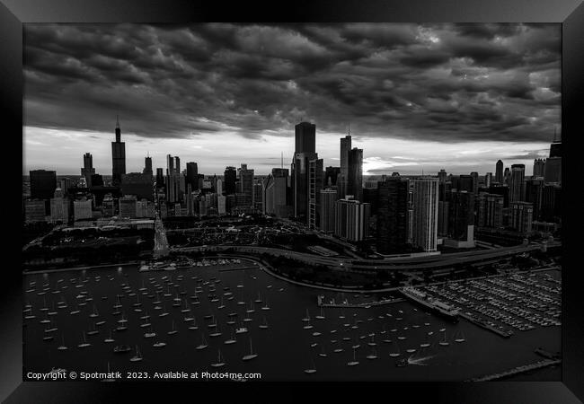 Aerial sunset storm view Chicago Waterfront  Framed Print by Spotmatik 