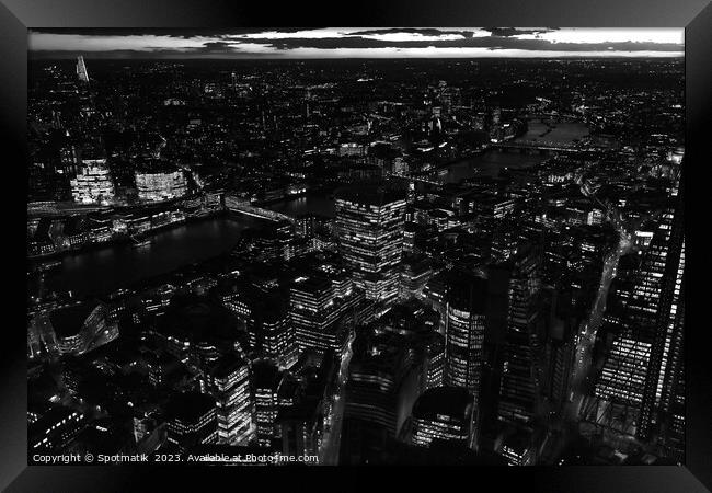 Aerial London night view river Thames Framed Print by Spotmatik 