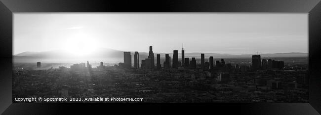 Aerial downtown Panoramic Los Angeles sunrise Framed Print by Spotmatik 