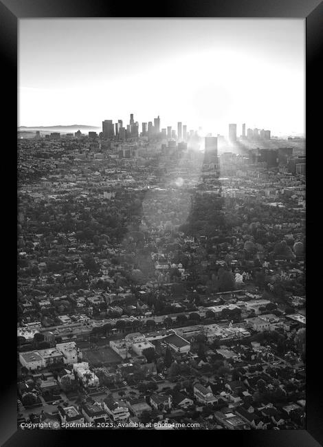 Aerial sunrise view of Los Angeles skyline California Framed Print by Spotmatik 