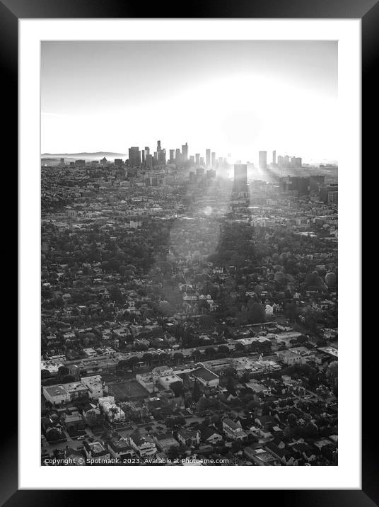 Aerial sunrise view of Los Angeles skyline California Framed Mounted Print by Spotmatik 