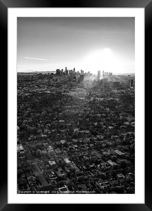 Aerial cityscape sunrise over downtown Los Angeles Framed Mounted Print by Spotmatik 