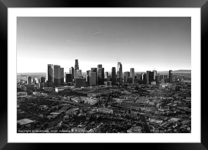 Aerial sunrise of Los Angeles central city skyscrapers  Framed Mounted Print by Spotmatik 