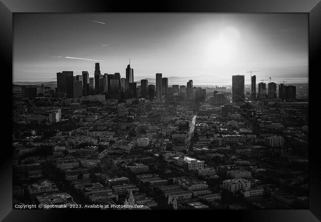 Aerial sunrise view over Los Angeles city skyline  Framed Print by Spotmatik 