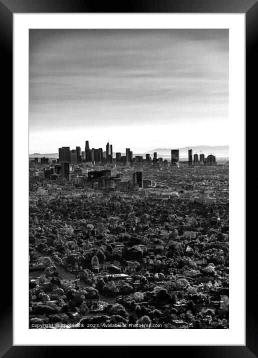 Aerial sunrise Los Angeles city skyline California Framed Mounted Print by Spotmatik 