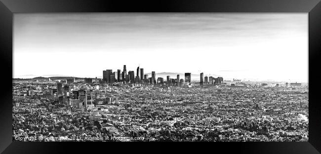 Aerial Panoramic downtown sunrise view Los Angeles Framed Print by Spotmatik 