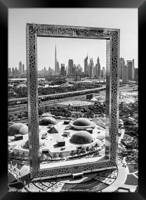 Aerial Dubai view of The Frame downtown skyscraper Framed Print by Spotmatik 