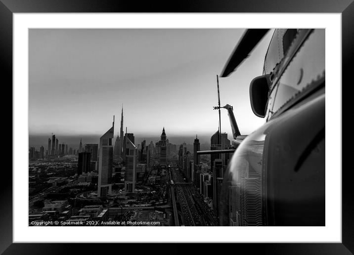 Aerial Dubai sunset helicopter Sheikh Zayed Road Framed Mounted Print by Spotmatik 
