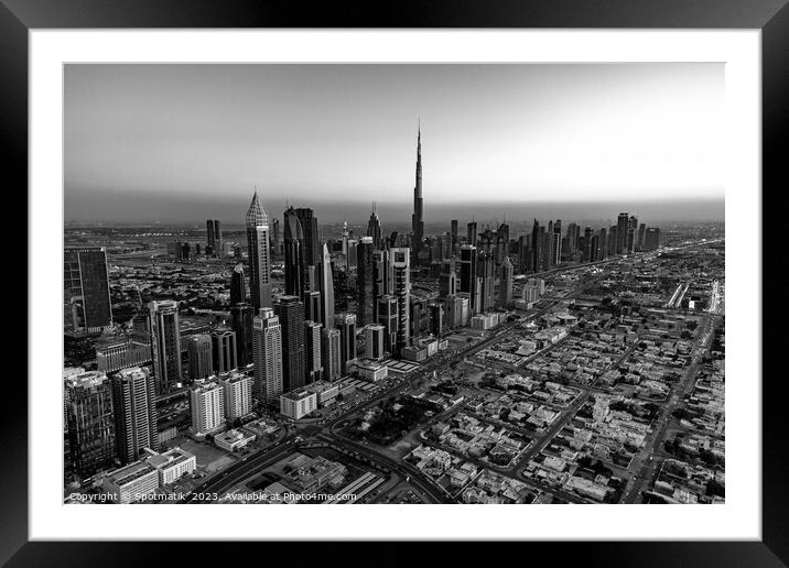 Aerial skyline view of Dubai city skyscrapers UAE Framed Mounted Print by Spotmatik 