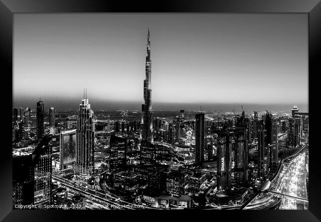 Aerial Dubai sunset skyscrapers Burj Khalifa Framed Print by Spotmatik 