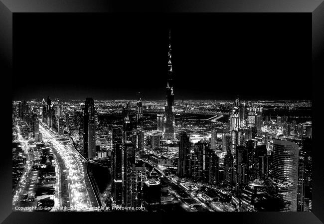 Aerial Dubai Burj Khalifa at night UAE Framed Print by Spotmatik 