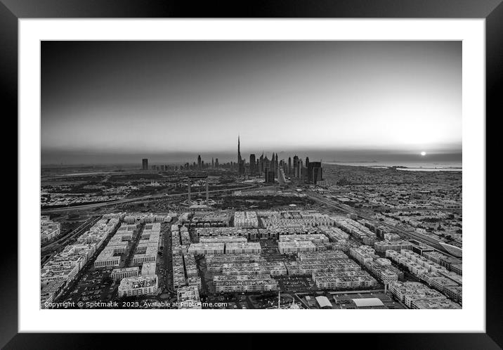 Aerial Dubai sunrise commercial suburbs skyscraper Framed Mounted Print by Spotmatik 