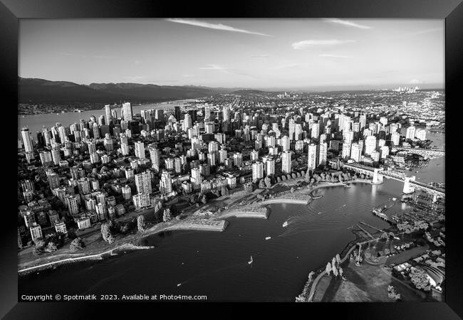 Aerial Vancouver skyscrapers Burrard Street Bridge Framed Print by Spotmatik 