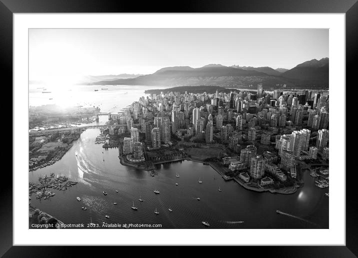 Aerial sunset of Vancouver skyscrapers Inlet Framed Mounted Print by Spotmatik 
