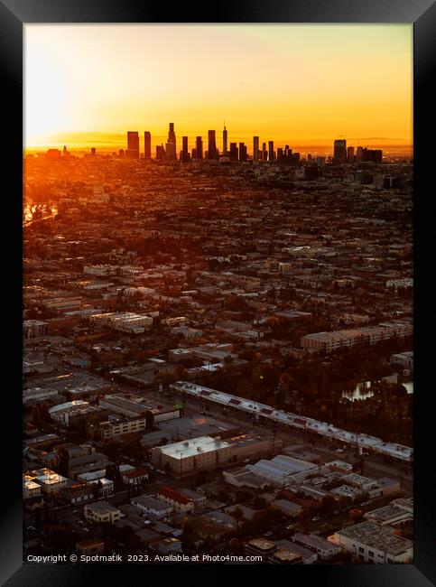Aerial sunrise Los Angeles Urban skyline USA Framed Print by Spotmatik 