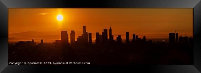 Aerial Panorama sunrise Silhouette of Los Angeles  Framed Print by Spotmatik 