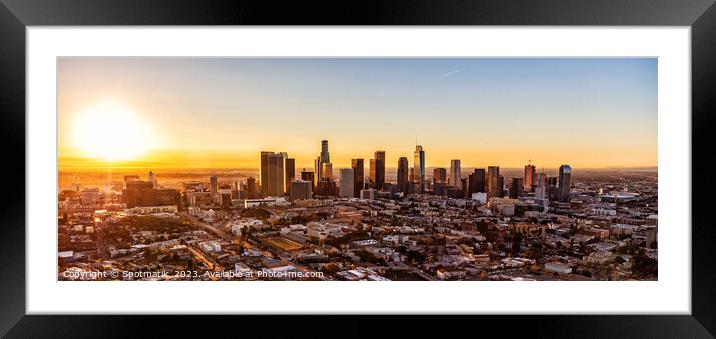Aerial Panoramic skyline view sunrise Los Angeles Framed Mounted Print by Spotmatik 