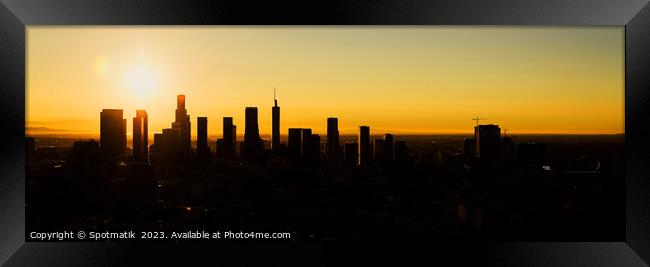 Aerial Panorama skyscraper of sunrise Los Angeles Framed Print by Spotmatik 