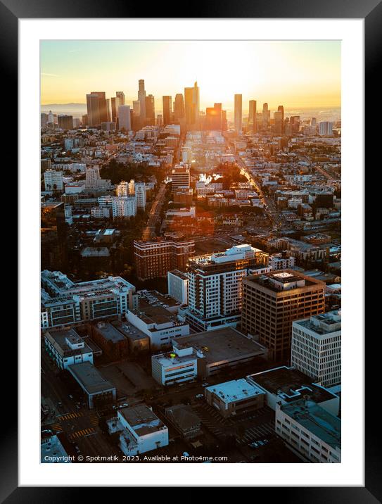 Aerial view at sunrise Los Angeles skyline California  Framed Mounted Print by Spotmatik 