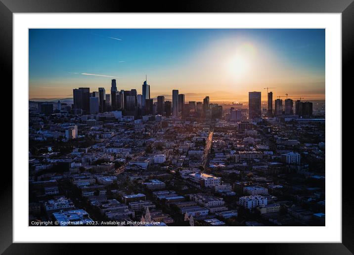 Aerial sunrise view over Los Angeles city skyline  Framed Mounted Print by Spotmatik 