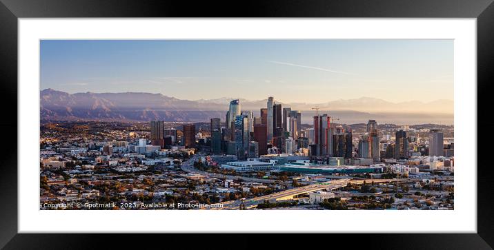 Aerial Panorama sunrise over Los Angeles city America Framed Mounted Print by Spotmatik 